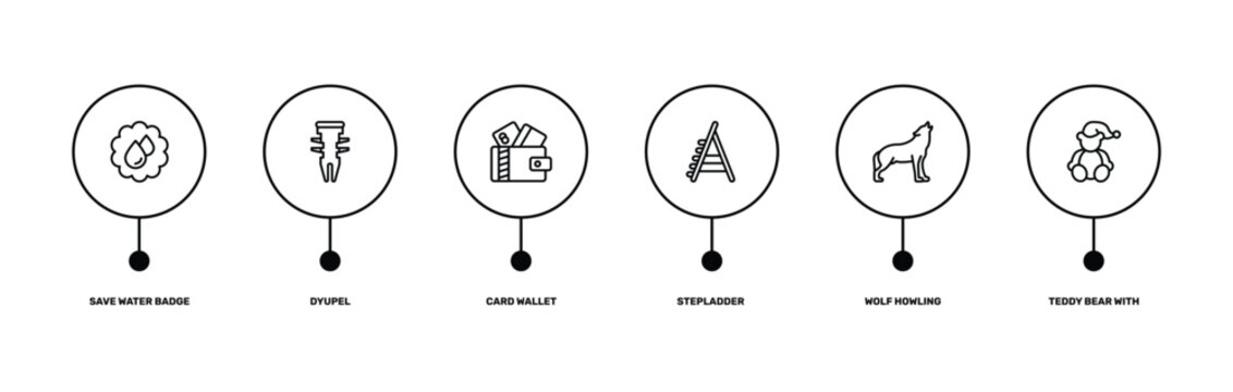 general outline icon set featuring save water badge, dyupel, wolf howling, teddy bear with sleep hat icons.