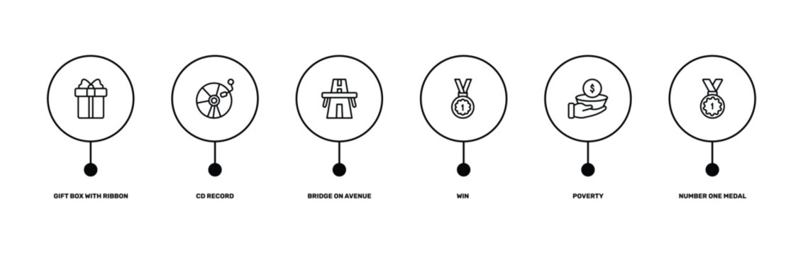 general outline icon set featuring gift box with ribbon, cd record, poverty, number one medal icons.