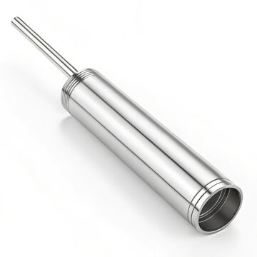 Polished stainless steel sausage stuffer tube with threaded end and open barrel isolated on a clean white background with subtle studio lighting creating reflective highlights