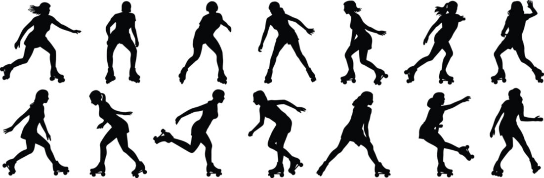 Silhouettes of women roller skating in various dynamic poses woman female roller skates