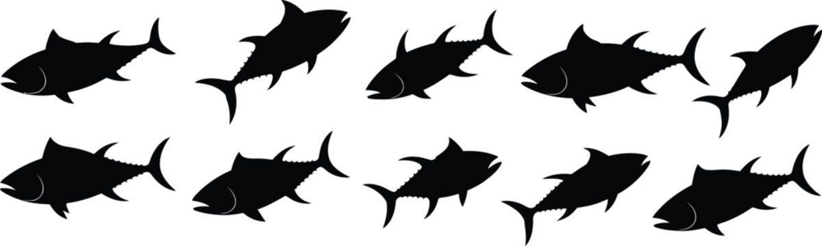 Collection of black tuna silhouettes in various poses on a white background, fish