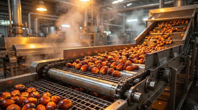 Oranges are being washed and sorted on a conveyor belt in a factory
