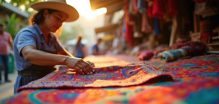 Vendor arranges colorful textiles at outdoor market stall. Person displays handcrafted fabrics with intricate patterns. Sunshine illuminates small business selling traditional artisanal goods.