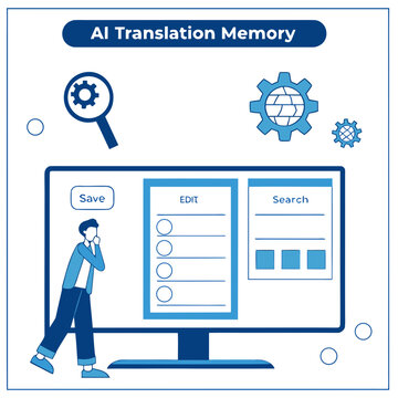 Man using computer with ai translation memory interface