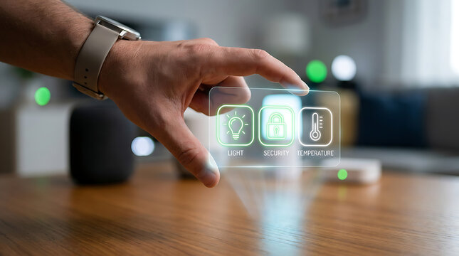 A hand interacting with a smart home control interface on a transparent screen with icons for light, security, and temperature in a modern living room setting with blurred background