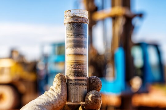 Close up of gloved hand holding freshly extracted cylindrical soil core sample enclosed clear split plastic tube sample reveals highly detailed distinct geological layer of clay sand crushed bedrock