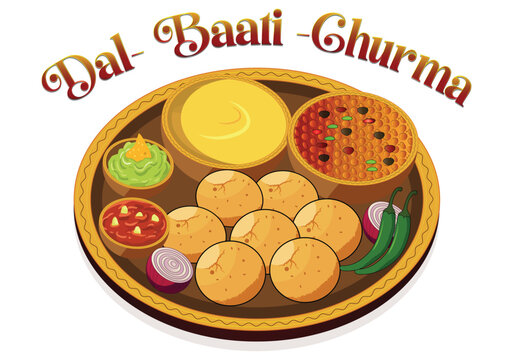 Indian Rajasthani Dal-Baati-Churma Traditional Food Thali Vector Illustration