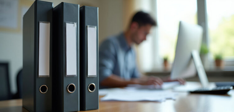 Black binders sit on office desk with employee typing on computer. Paperwork is organized neatly. Background shows blurred coworker and window view. Productivity and records management are key.