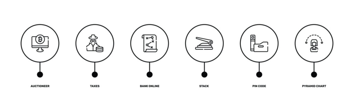 finance outline icon set featuring auctioneer, taxes, pin code, pyramid chart icons.