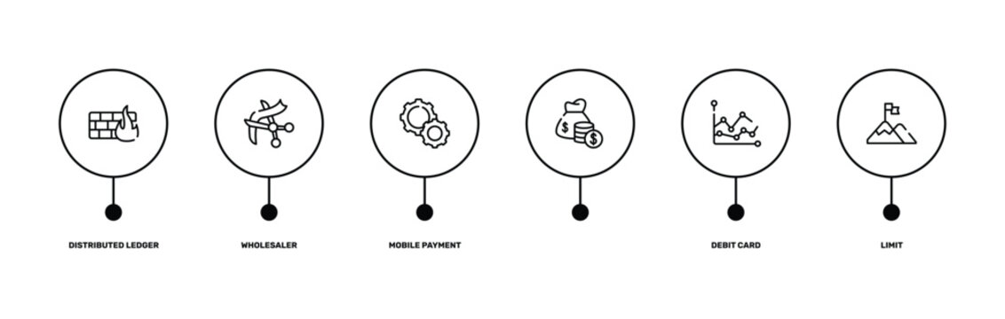 business outline icon set featuring distributed ledger, wholesaler, debit card, limit icons.
