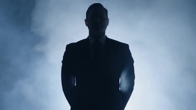 Static shot of silhouetted businessman standing with backlight and smoke in studio hands behind back dramatic moody portrait of authority and anonymity