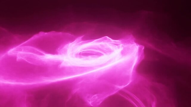 Slow motion static shot of pink smoke vortex swirling and expanding in luminous neon magenta against dark studio background