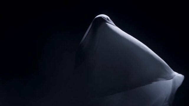 Slow dolly reveal of shrouded figure rising under white sheet in dark studio with directional low contrast lighting and billowing fabric motion
