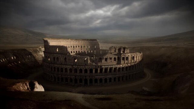 Tracking slow dolly pan of colosseum ruins revealing encroaching dust storm across barren crater valley landscape at twilight