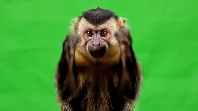 A video captures a monkey looking directly at the camera on a green screen