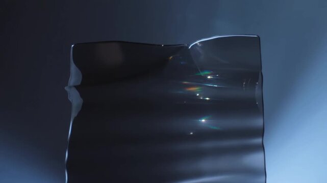 Slow motion pan of translucent glass sheet refracting light and producing rainbow caustics in studio backdrop