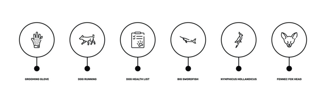 fauna outline icon set featuring grooming glove, dog running, nymphicus hollandicus, fennec fox head icons.