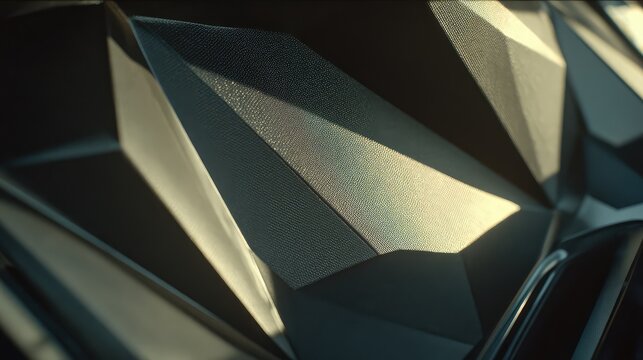 Abstract background featuring a futuristic geometric surface with sharp polygonal shapes, creating intriguing patterns of light and shadow, highlighting its textured effect