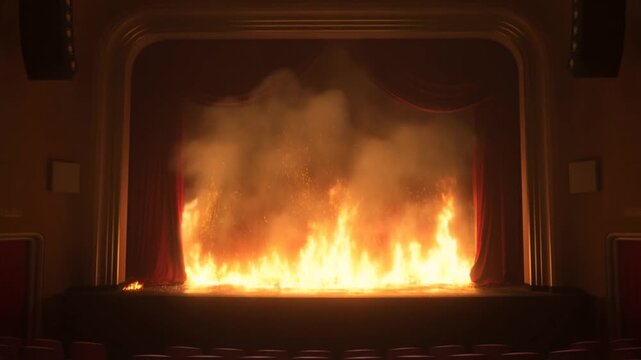 Static shot of theater stage fire spreading across proscenium with burning curtains and smoke filling auditorium interior