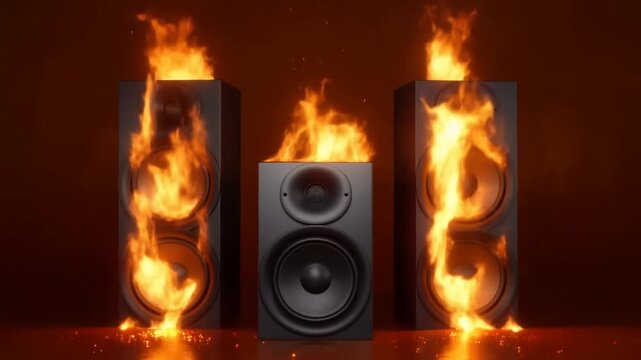 Static shot of speaker towers burning in flames on reflective surface in dark studio setting with glowing embers and smoke