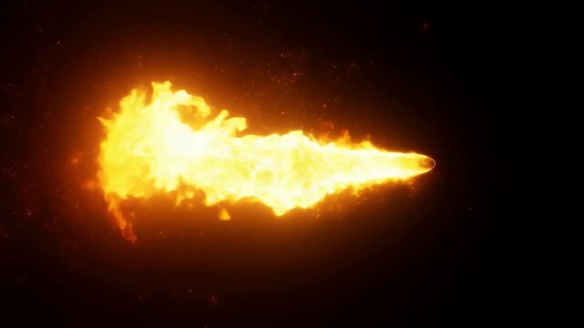 Tracking shot of flaming projectile streaking across dark background with glowing fireball trail and scattering sparks high intensity motion effect