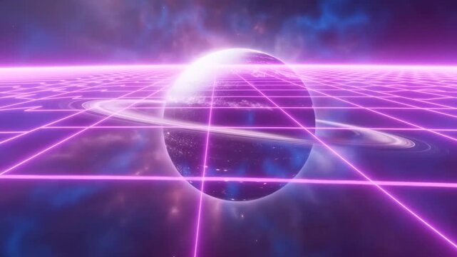 Slow motion tracking shot of ringed planet rotating above neon grid horizon in retro futuristic cosmic virtual landscape
