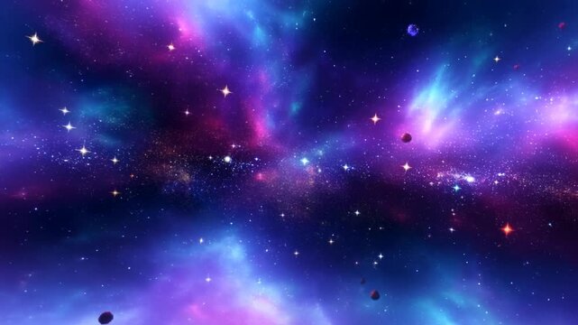 Panning slow shot of colorful galaxy nebula drifting across deep outer space with twinkling stars and floating asteroids in interstellar scene