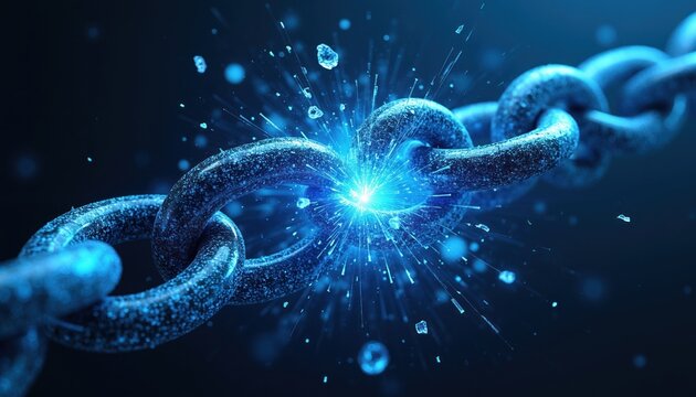 Blue chain links shattering apart with bright light bursting out. Digital fragments fly outwards from fractured connection. Concept of breaking limits or achieving freedom.
