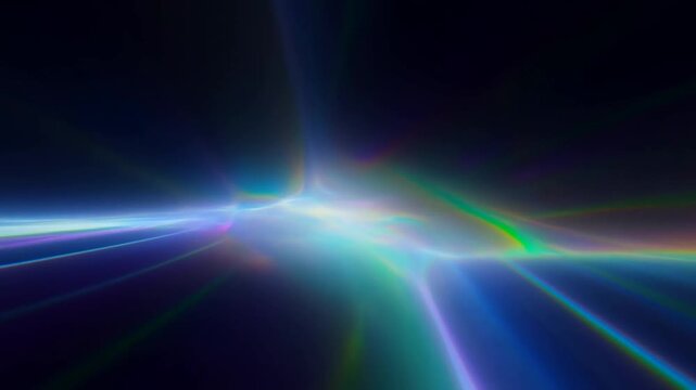 Tracking shot of colorful light beams streaking and refracting across dark space with prism glow and radial motion