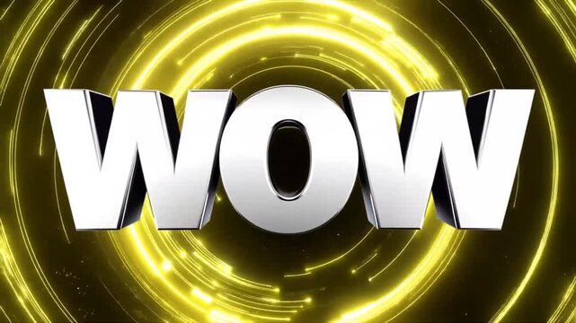 Tracking shot of metallic wow text rotating and zooming forward through golden light rings in circular tunnel studio background center stage