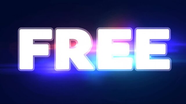 Zoom in on bold free letters glowing with colored light streaks and lens flare over dark background dolly forward reveal for promotional graphic