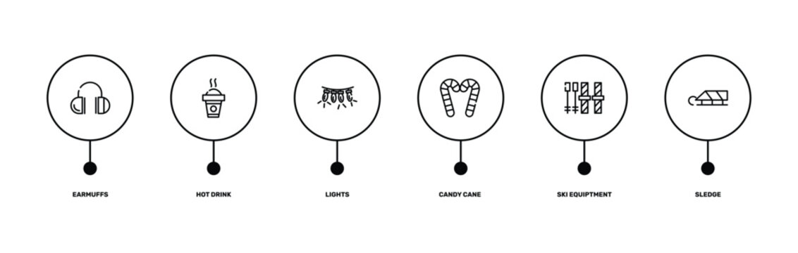 winter outline icon set featuring earmuffs, hot drink, ski equiptment, sledge icons.