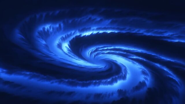 Slow motion tracking shot of glowing blue vortex of clouds spiraling inward in dark storm sky with luminous spiral formation and rotating energy