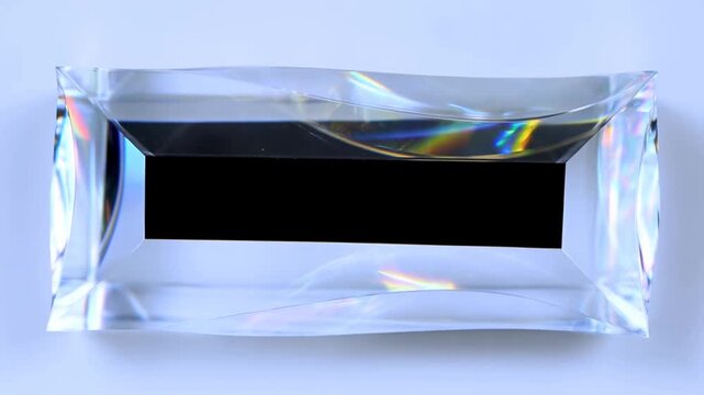 Slow tracking pan of rectangular glass prism reflecting and refracting light with subtle shifts on white studio surface