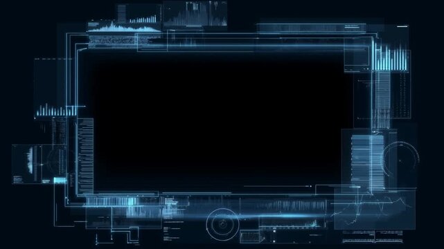 Panning shot of holographic hud frame with shifting digital data elements animated graphics and scrolling telemetry on dark virtual background
