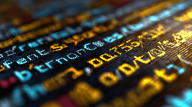 Computer code text glowing on screen, displaying software programming language in dark environment Abstract digital background representing data science, cybersecurity, web development, and modern tec