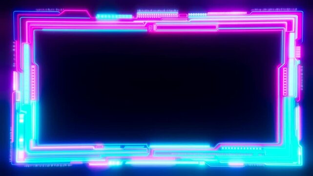Static shot of neon tech interface rectangular frame pulsing and scanning in digital cyberpunk studio background with subtle lateral shift