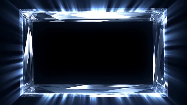 Static shot of glowing crystal rectangular frame pulsing light rays around empty center on dark studio background