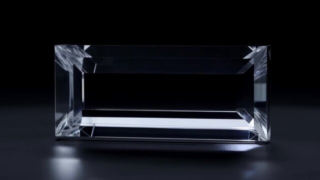 Slow tracking shot of rectangular glass prism sliding across dark tabletop with reflective refraction highlights in studio setting
