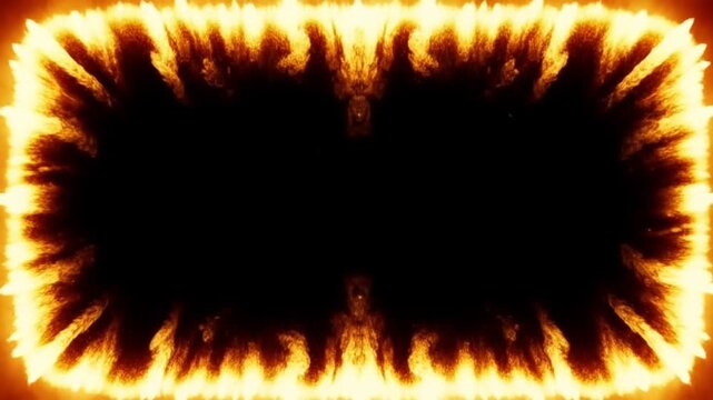 Time lapse static view of fiery ring expanding and pulsing around dark center on black background with glowing orange yellow flames