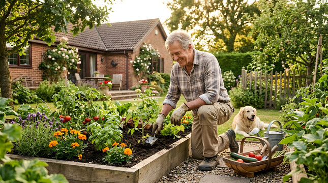 A man kneels in a garden bed tending to plants with a dog nearby on a sunny day outside a brick house with a green lawn and trees