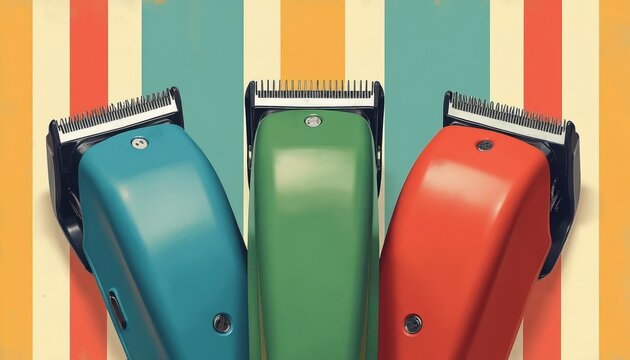 Three colorful clippers stand against a retro striped background. These tools are for cutting hair and styling. Perfect for barber shops and personal grooming.