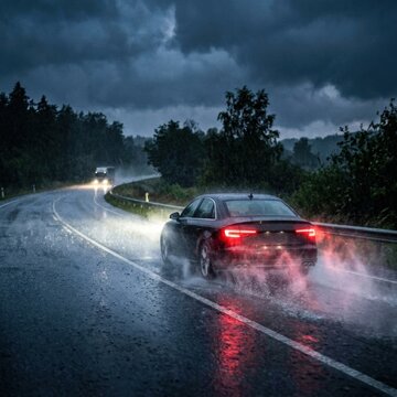 Rainy Road Driving With Vehicles Navigating a Wet Highway in the Evening With Dark Clouds Overhead