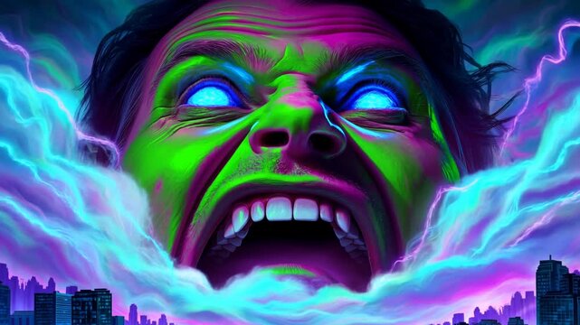 Tracking shot of giant neon glowing face emerging and screaming over urban city skyline with swirling electric clouds at night