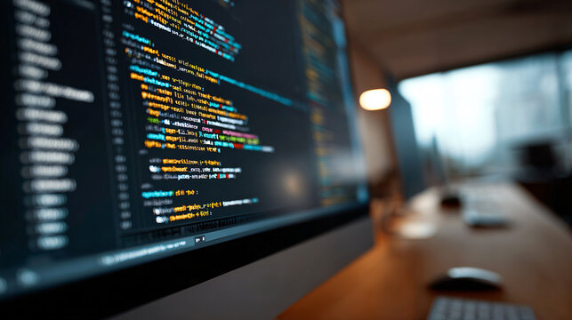 Computer screen displaying programming code lines in dark office environment Software developer working on web development project, coding, debugging, and building digital solutions Concept of technol