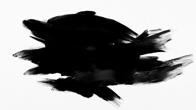 Static shot of black ink brush stroke expanding across white paper surface with slow motion spreading and sweeping calligraphy marks