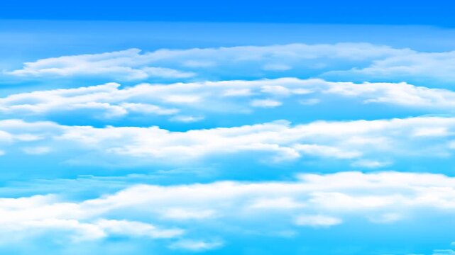 Aerial time lapse panoramic view of layered clouds drifting across bright blue sky above distant horizon during daytime