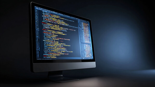 Computer monitor displaying programming code lines on screen in dark office Software development process, coding, web engineering, and digital technology concept for modern IT business and cyber secur