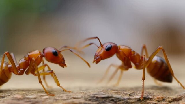 Tracking macro shot of two red ants touching antennae and interacting on bark surface in natural outdoor close up with shallow depth of field