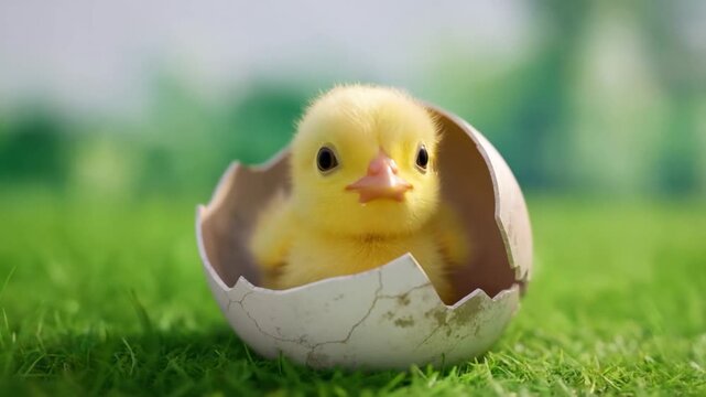 Dolly slow motion closeup tracking shot of yellow chick emerging from cracked eggshell and peeking on green grass lawn in morning sunlight